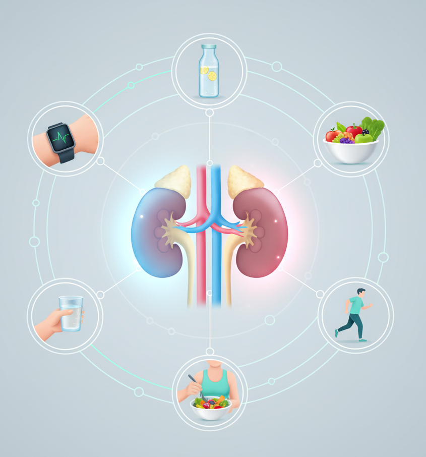 Illustration showing how to take care of kidneys with healthy lifestyle